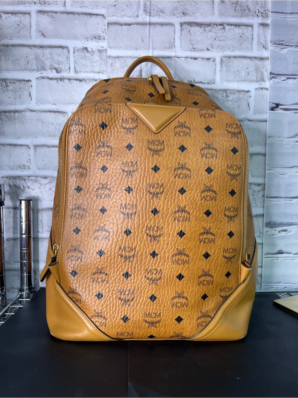 MCM Cognac Monogrammed Leather Backpack with Black Accents